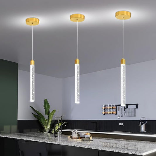 Modern Gold Crystal Pendant Light for Kitchen Island Lighting Dimmable LED Adjustable Crystal Column Chandelier Lighting Hanging Pendant Lighting