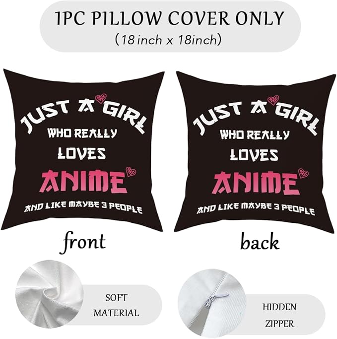 Anime Decor, Just a Girl Who Loves Anime Anime Room Decorative Throw Pillow Covers, Girls Anime Gifts Anime Lovers for Home Living Room Girl Women Bedroom Decoration Gifts Black