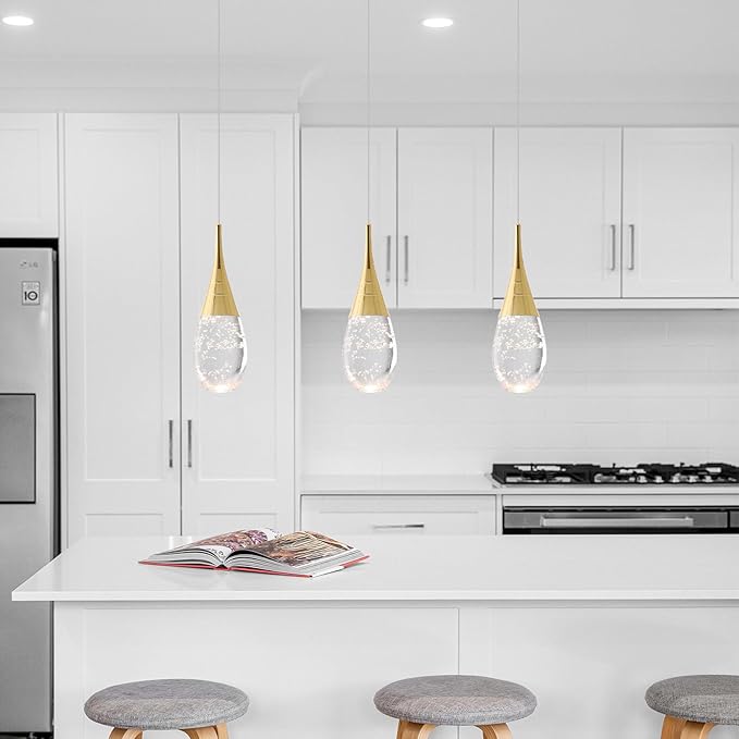 JoollySun Mini Crystal Pendant Light: 1-Light Teardrop Dimmable 3-Color LED Pendant for Kitchen Island Bathroom - Polished Gold