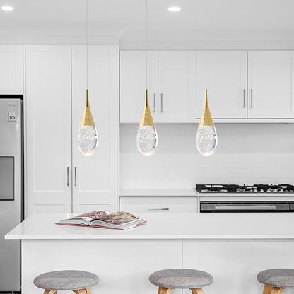 JoollySun Mini Crystal Pendant Light: 1-Light Teardrop Dimmable 3-Color LED Pendant for Kitchen Island Bathroom - Polished Gold