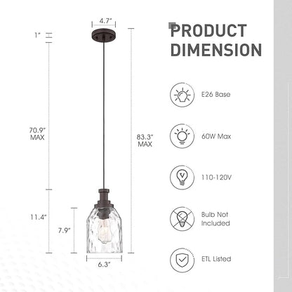 zeyu 1-Light Kitchen Hanging Light Fixture, Farmhouse Island Pendant Lighting, Water Ripple Glass Shade, Oil Rubbed Bronze Finish, ZG33M1L-L ORB-WG