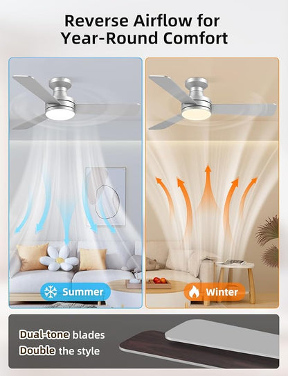 42" RGB Ceiling Fan with Light, Music Sync Smart Fan with Alexa/Google/App Control, Low Profile Flush Mount, 6-Speed Quiet DC Motor, 4 CCT Dimmable Lighting for Bedroom Living Room, Silver