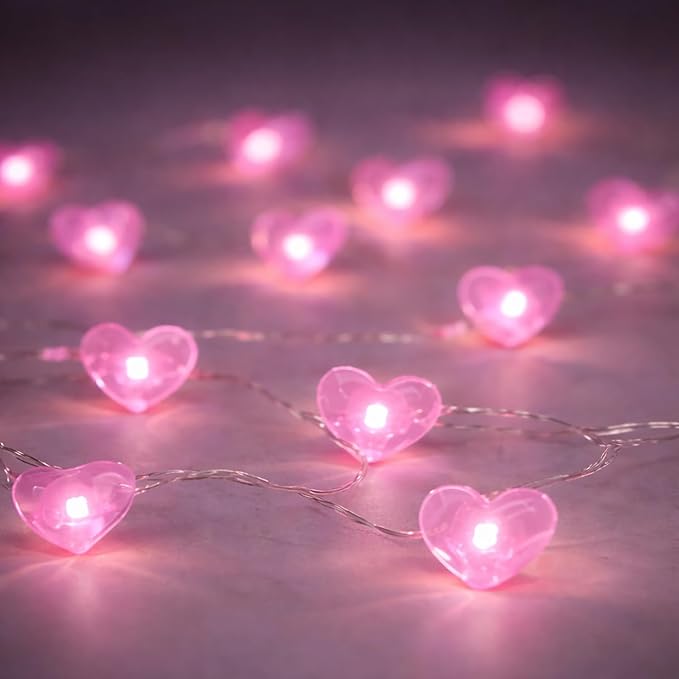 BOHON Valentine Day Decorations, 13 ft 40 LEDs Pink Heart Lights String, Fairy String Lights Battery Operated, Valentine Decor for The Home Indoor Garland Party Galentines Day Decorations Pink
