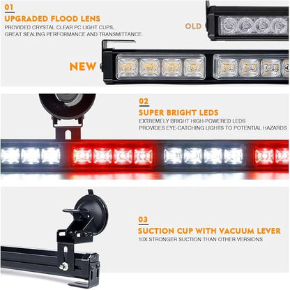 Xprite 35.5" Traffic Advisor Light Bar, Red and White Emergency Lights for Vehicles, 21 Flash Patterns, First Responder Strobe Light with Suction Mount & Cigarette Plug for Emergency Vehicles