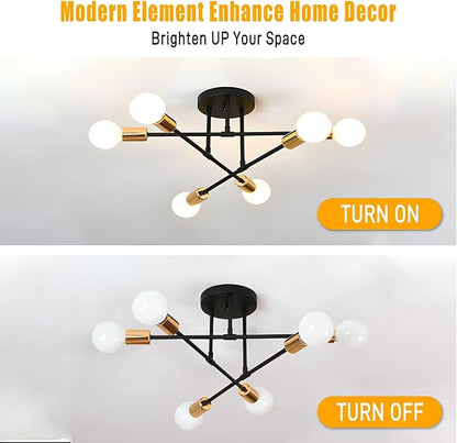 SPOLI Sputnik Ceiling Light Fixture, Dining Room Chandelier, Modern 6-Light Black and Gold Industrial Pendant Semi Flush Mount for Kitchen Living Bedroom, E26 Base, Bulbs Not Included