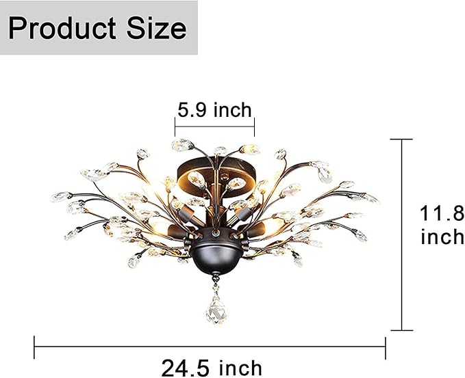 SEOL-Light 24.5" Dia 4-Light Vintage Crystal Branch Close to Ceiling Light Fixture Black Chandelier Flush Mount,E12,160W,for Bedroom,Kitchen,Living Room;