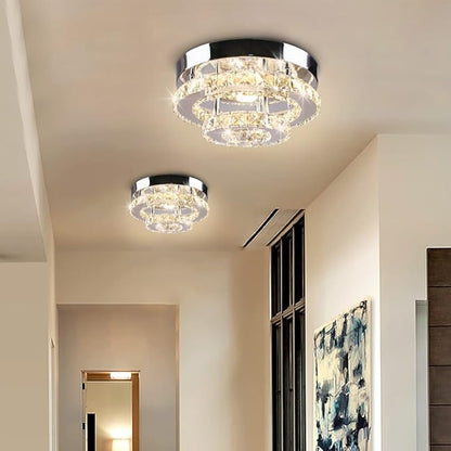 Mini Chandelier LED Crystal Ceiling Light 2 Layers Round Flush Mount Ceiling Light Modern Chandelier Lighting for Hallway Staircase Kitchen Bathroom (Multicolor)