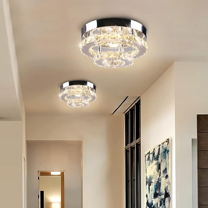 Mini Chandelier LED Crystal Ceiling Light 2 Layers Round Flush Mount Ceiling Light Modern Chandelier Lighting for Hallway Staircase Kitchen Bathroom （Dimmable）