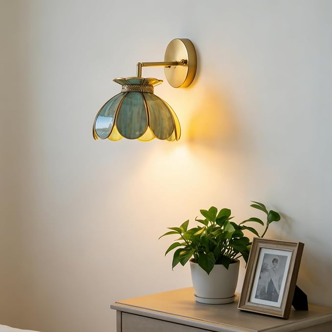 Vintage Brass Ceiling Pendant Light with Stained Lotus Flower Stained Glass Shade,Oriental Hanging Lamp or Wall Sconces Dual-Purpose, for Kitchen Island Dining Room Bedroom Living Room-7.9" Shade