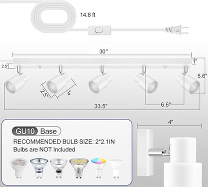 Track Lighting Plug in, 30" LED Track Light Fixtures Ceiling, White 5 Way Spotlight, Rotatable Head, Plug Wall Lights with 14.8FT Cord, Ceiling Lighting for Kitchen Hallway Bar(GU10, NO Bulb)