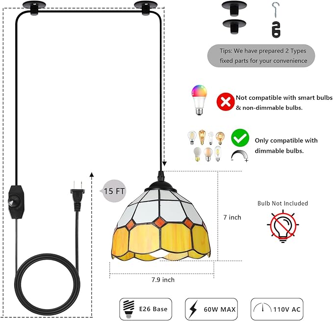 HuisMier Tiffany Plug in Pendant Light, Dimmable Mini Hanging Light with Plug in Cord and On Off Dimmer Switch, 15 Ft Vintage Stained Glass Swag Lamp for Dining Room Restaurant Bedroom, 7.9" Width