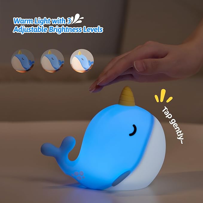 Cute Narwhal Night Light Lamp, 7 Colors Touchable Squishy LED Light, USB Rechargeable Silicone Nursery Whale Night Lamp for Room Decor Birthday Gift for Toddler Women Adult