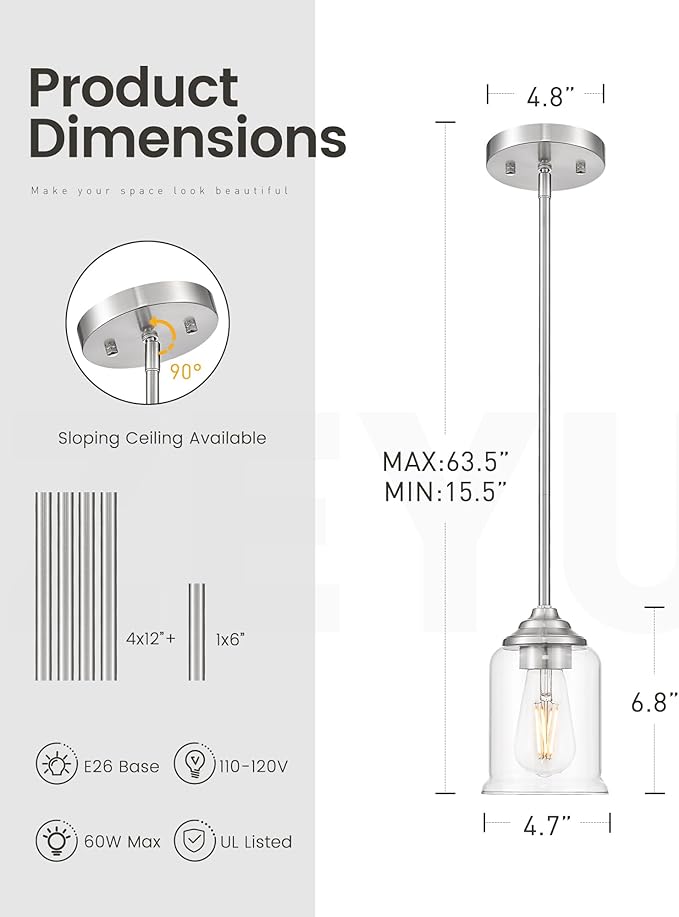 zeyu Modern Pendant Lighting, 1-Light Kitchen Hanging Light Fixture for Dining Room Entryway, Brushed Nickel Finish with Clear Glass Shade, ZSL104MIL BN