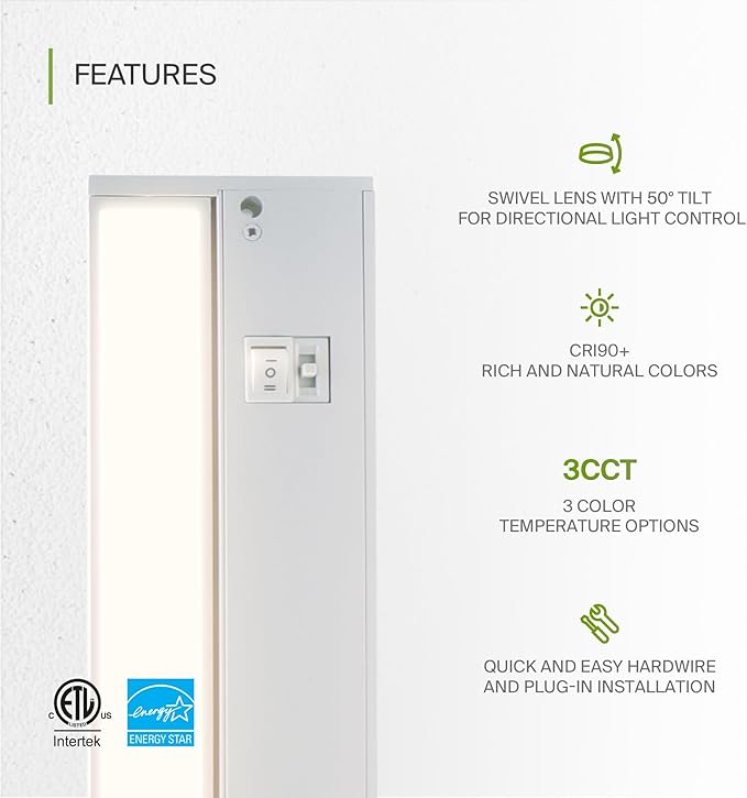 ASD Swivel LED Under Cabinet Lighting Plug in or Hardwired 24 Inch, Dimmable Under Cabinet Lights with High/Low/Off Switch, 3CCT 2700K-4000K, Linkable Under Counter Lights for Kitchen, White, ETL