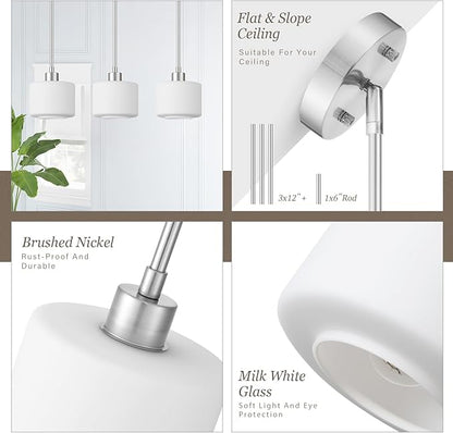 Milk Glass Pendant Lights Kitchen Island 2 Pack, Modern Brushed Nickel Hanging Light Fixtures with Rods, Mini Kitchen Pendant Lighting Over Island for Sink Bathroom, OS-YQ8153-2PBN