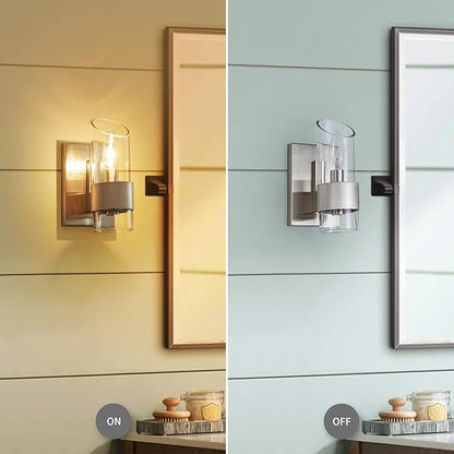 WUZUPS Set of 2 1-Light Bathroom Wall Light Fixture Over Mirror Class Shade Morden Vanity Scones for Bathroom Bedroom Living Room, E12 Base, Brushed Nickel