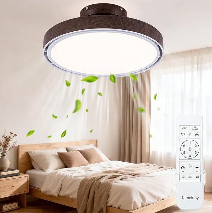 Bladeless Ceiling Fans with Lights and Remote, Flush Mount Modern Ceiling Fan with Light, 6 Speeds, Stepless dimming & 3000-6000K CCT LED Lights for Bedroom, Living Room (Dark Walnut)