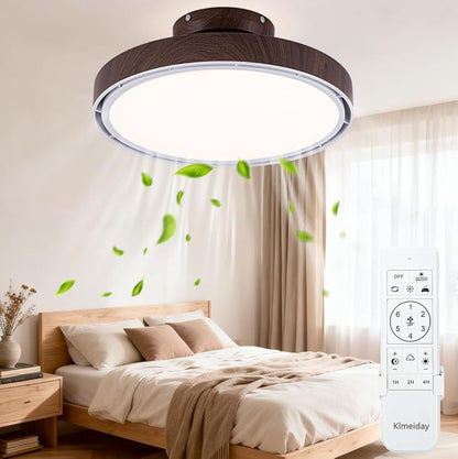 Bladeless Ceiling Fans with Lights and Remote, Flush Mount Modern Ceiling Fan with Light, 6 Speeds, Stepless dimming & 3000-6000K CCT LED Lights for Bedroom, Living Room (Dark Walnut)