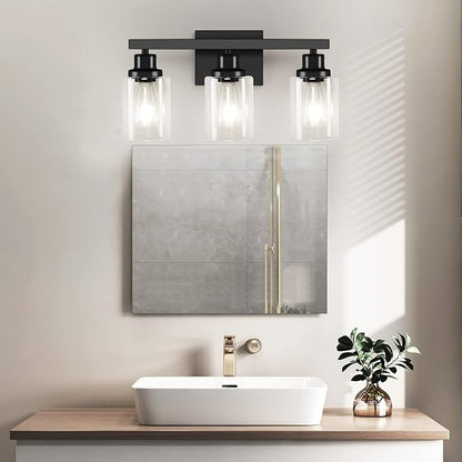 3-Light Bathroom Light Fixtures, Black Bathroom Vanity Light with Clear Glass Shade, Modern Bathroom Wall Lights Over Mirror, Farmhouse Wall Sconces Lighting for Bedroom LivingRoom
