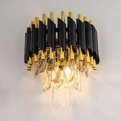 FRIXCHUR Modern Crystal Wall Sconce Lighting Black Crystal Wall Light Fixture Bedside Light 3 Tiers Crystal Wall Lamp for Bedroom Bathroom Dinning Living Room Hallway 2X E12 Base