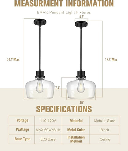Emak Black Pendant Light Fixtures, Modern 10 Inch Clear Glass Pendant Lights Kitchen Island, Farmhouse Large Kitchen Island Lighting, PL126-BK-CG