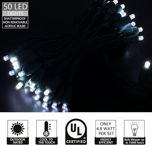 UL Listed 50 Count 5MM Wide Angle Led Christmas Lights Set,Outdoor Mini Led String Light for Garden Patio Tree Lighting Decoration,17 Feet Green Wire (Cold White)