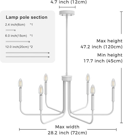 DORESshop Modern Chandelier for Dining Room, 6-Light 28" White Farmhouse Chandelier for Dining Room, Dining Light Fixtures Over Table, Industrial Modern Light for Bedroom Hall Kitchen Living Room