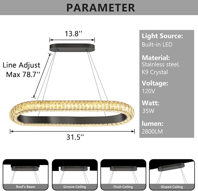 32'' Oval Ring Crystal Chandelier Modern LED Dimmable Ring Pendant Light Chandelier for Dining Room Living Room Black