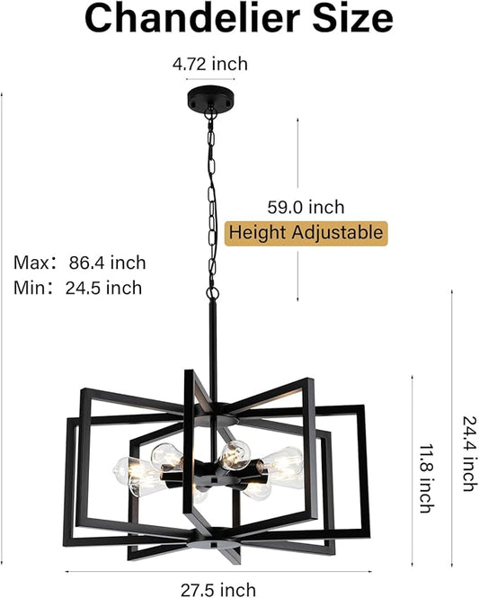 Modern Chandelier, 27.5'' Large Black Chandelier Light Fixture Industrial Max 60'' Hanging Adjustable Farmhouse Chandeliers for Dining Room Entryway Living Room Kitchen (8-Light, E26)