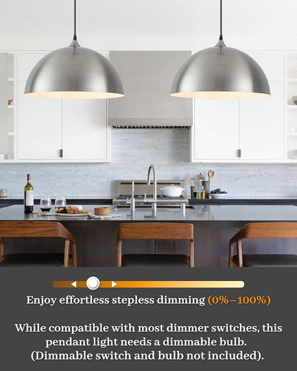 Brushed Nickel Pendant Lights Kitchen Island, 16 Inch Large Dome Pendant Light, Modern Farmhouse Pendant Light for Kitchen Island, Dining Room, Cafe, Bar, 2 Pack