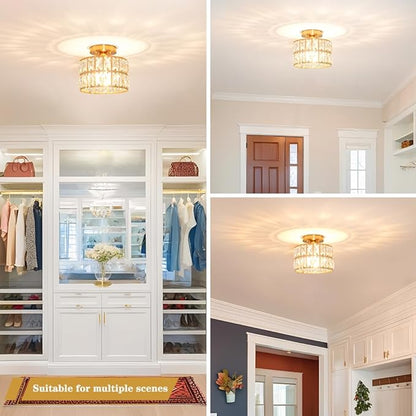 Lxybcce Crystal Ceiling Light Fixture, Modern Brushed Gold Semi Flush Mount Ceiling Chandelier Light for Hallway Entryway Kitchen Bathroom, Small Chandelier Light for Bedroom Closet, 1-Light, 9 Inch
