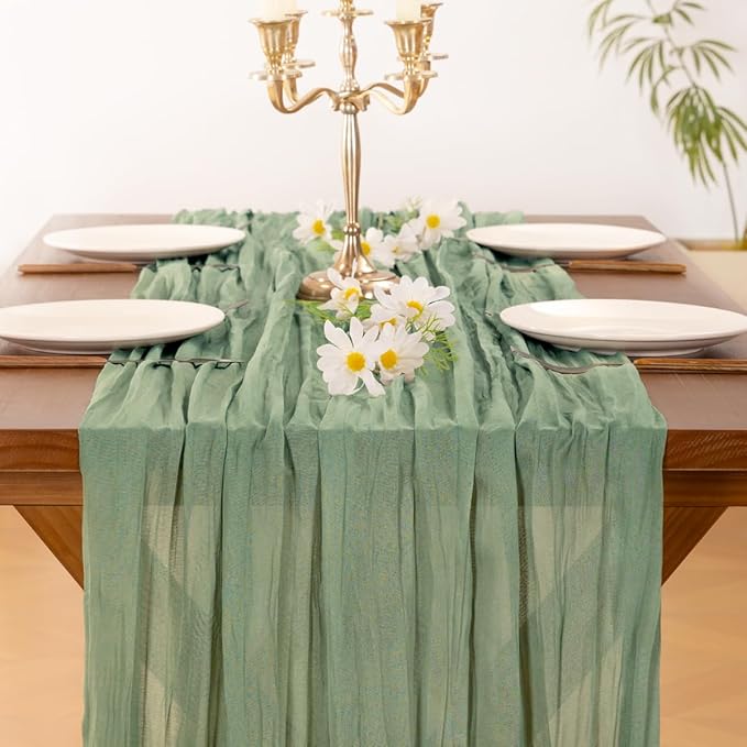 Socomi 15pcs Sage Green Cheesecloth Table Runner Summer Boho Rustic Gauze 120 inch 10FT Cheese Cloth Sheer Runner for Wedding Party Baby Shower Home Decor Holiday Decorations