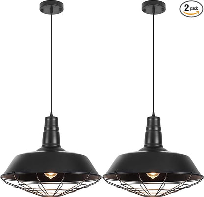 Black Farmhouse Pendant Light, 18.1 Inch Large Pendant Lights Kitchen Island, Industrial Pendant Light with Wire Cage, Barn Light 2 Pack, Island Pendant Lights for Kitchen Barn Dining Room