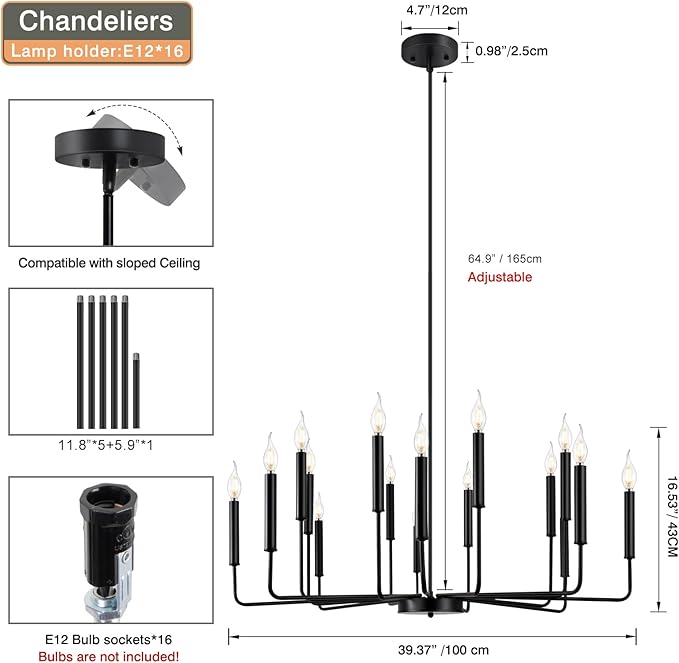 Yiisem Modern Farmhouse Black Chandelier, 16-Light Rustic Candle Chandelier, Industrial Hanging Chandeliers for Dining Room, Living Room, Kitchen, Foyer, Entryway