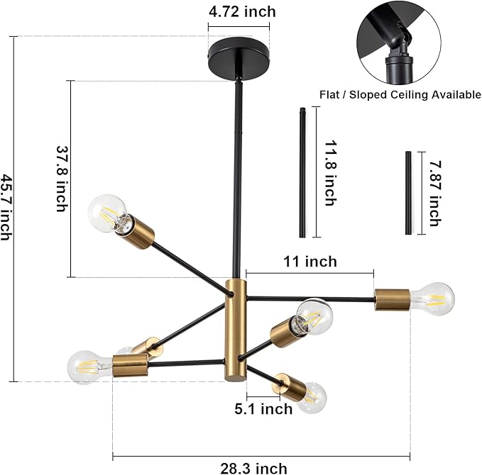 SineRise Modern Sputnik Chandelier Light Fixture, 6-Light Chandelier Ceiling Light Fixture Black and Gold Mid Century Chandelier Height Adjustable for Kitchen, Living Room, Bedroom, Hallway and Foyer