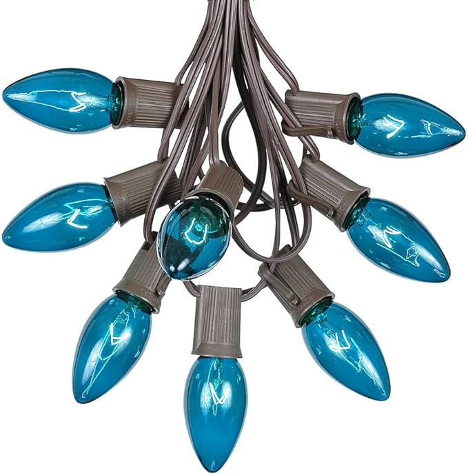 Novelty Lights C9 Teal Christmas String Light Set - Outdoor Christmas Light String - Hanging Christmas Lights - Roofline Light String - Outdoor Patio String Lights - Brown Wire - 25 Foot