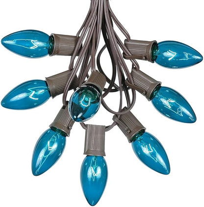 Novelty Lights C9 Teal Christmas String Light Set - Outdoor Christmas Light String - Hanging Christmas Lights - Roofline Light String - Outdoor Patio String Lights - Brown Wire - 25 Foot