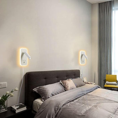 Wall Sconce Plug in with Wall Mounted Reading Lights, Wall Lamp for Bedroom with Charging Station USB Ports,Headboard Bedside Lamps, Plug-in or Hardwired, Eye-Caring Bedroom Lighting, White