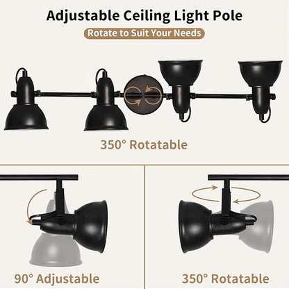 LTBLIGHT 4-Light Track Lighting Fixtures Ceiling, Black Industrial Directional Spotlight with E26 Base, Ceiling Track Lights for Kitchen Bedroom Living Room (Bulbs Not Included)