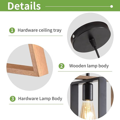 Farmhouse Pendant Light Fixture, Black Kitchen Island Pendant Lights, Industrial Metal and Vintage Wood Hanging Light, Adjustable Height Rustic Ceiling Lamp for Entryway, Dining Room, Foyer