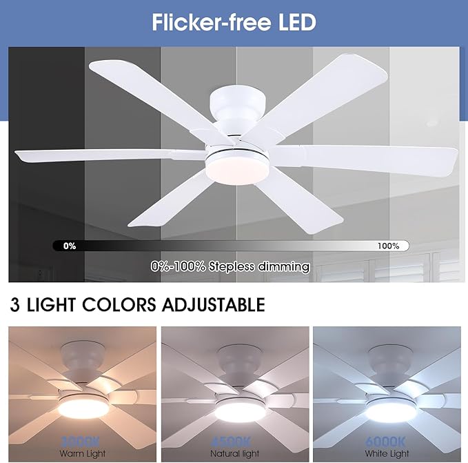 52" Low Profile Ceiling Fans with Lights and Remote, White Indoor Ceiling Fan Light with Quiet Reversible DC Motor,Modern Flush Mount Ceiling Fans with Dimmable LED for Bedroom Kitchen