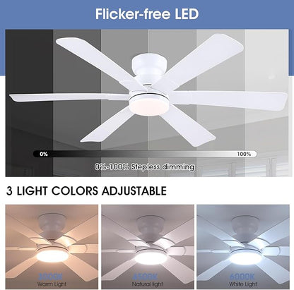 52" Low Profile Ceiling Fans with Lights and Remote, White Indoor Ceiling Fan Light with Quiet Reversible DC Motor,Modern Flush Mount Ceiling Fans with Dimmable LED for Bedroom Kitchen