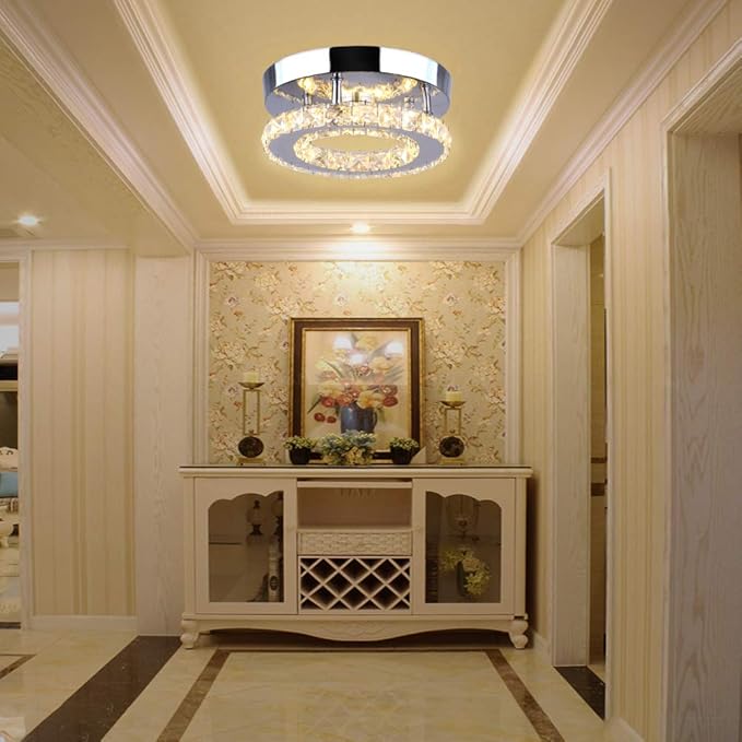 Modern Mini Led Chandelier Semi Flush Mount Crystal Lighting Ceiling Crystal Lamp for Bedrooms Dinning Rooms Hallway(Round Warm White)