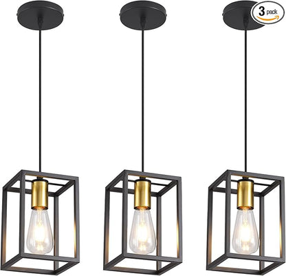 Black Pendant Lights for Kitchen Island Industrial Lantern Pendant Light Fixtures with Golden lamp Cup, Farmhouse Adjustable Height Hanging Pendant Lighting