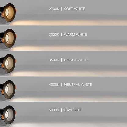 Maxxima 2 in. Ultra-Thin Recessed Anti-Glare LED Downlight - Canless IC Rated, 5 Color Temperature Selectable 2700K/3000K/3500K/4000K/5000K, Dimmable, Round Black Trim, 90 CRI