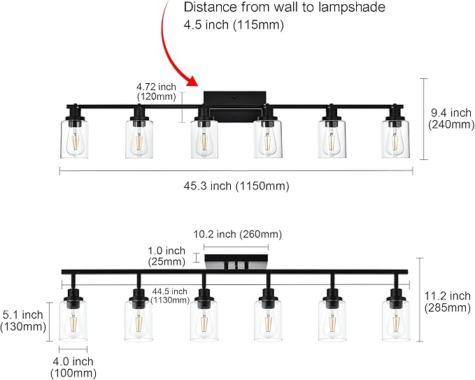 MELUCEE Ceiling Track Lighting Kits 6 Light Bathroom Light Fixtures Wall Mount with Flexibly Rotatable Light Head, Modern Black Spotlights with Clear Glass Shade, 45.3 Inch