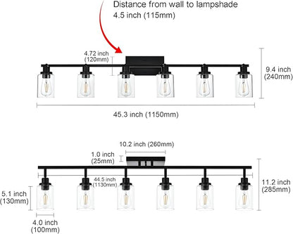 MELUCEE Ceiling Track Lighting Kits 6 Light Bathroom Light Fixtures Wall Mount with Flexibly Rotatable Light Head, Modern Black Spotlights with Clear Glass Shade, 45.3 Inch