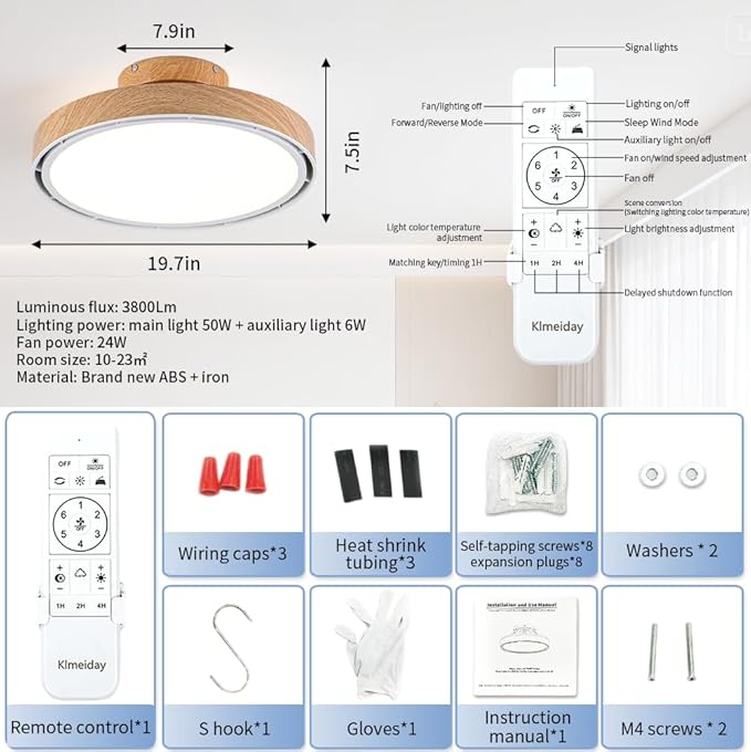 Bladeless Ceiling Fans with Lights and Remote, Flush Mount Modern Ceiling Fan with Light, 6 Speeds, Stepless dimming & 3000-6000K CCT LED Lights for Bedroom, Living Room (Light Walnut)