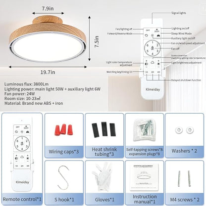 Bladeless Ceiling Fans with Lights and Remote, Flush Mount Modern Ceiling Fan with Light, 6 Speeds, Stepless dimming & 3000-6000K CCT LED Lights for Bedroom, Living Room (Light Walnut)
