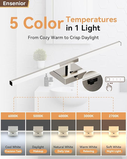 Ensenior Modern Brushed Nickel Bathroom Vanity Light 24 inch, Built-in Dimmer, 1100LM Dimmable 5CCT Led Bath Lights, Bar Vanity Light for Bathroom Mirror Cabinets Bedroom-FCC & ETL Certificated